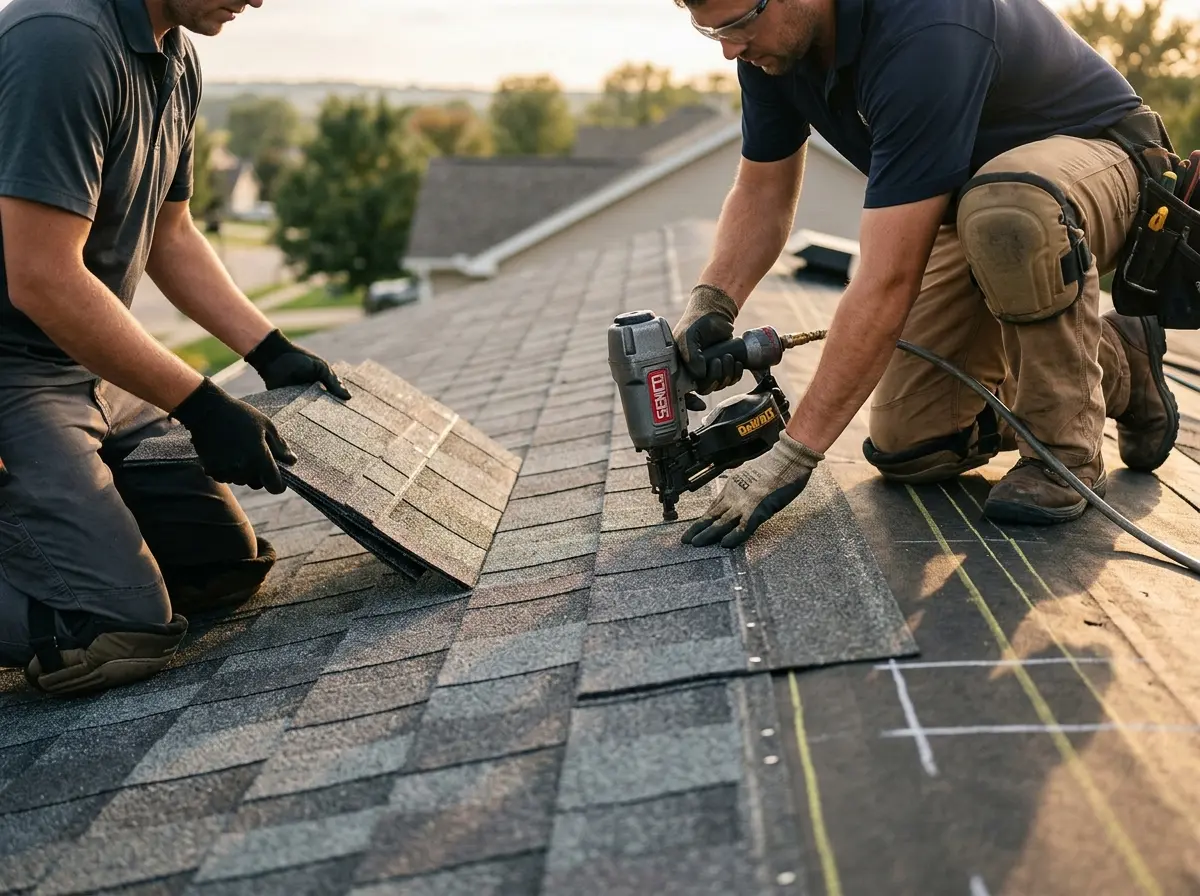 Professional roofer working on a residential roof in Brenham